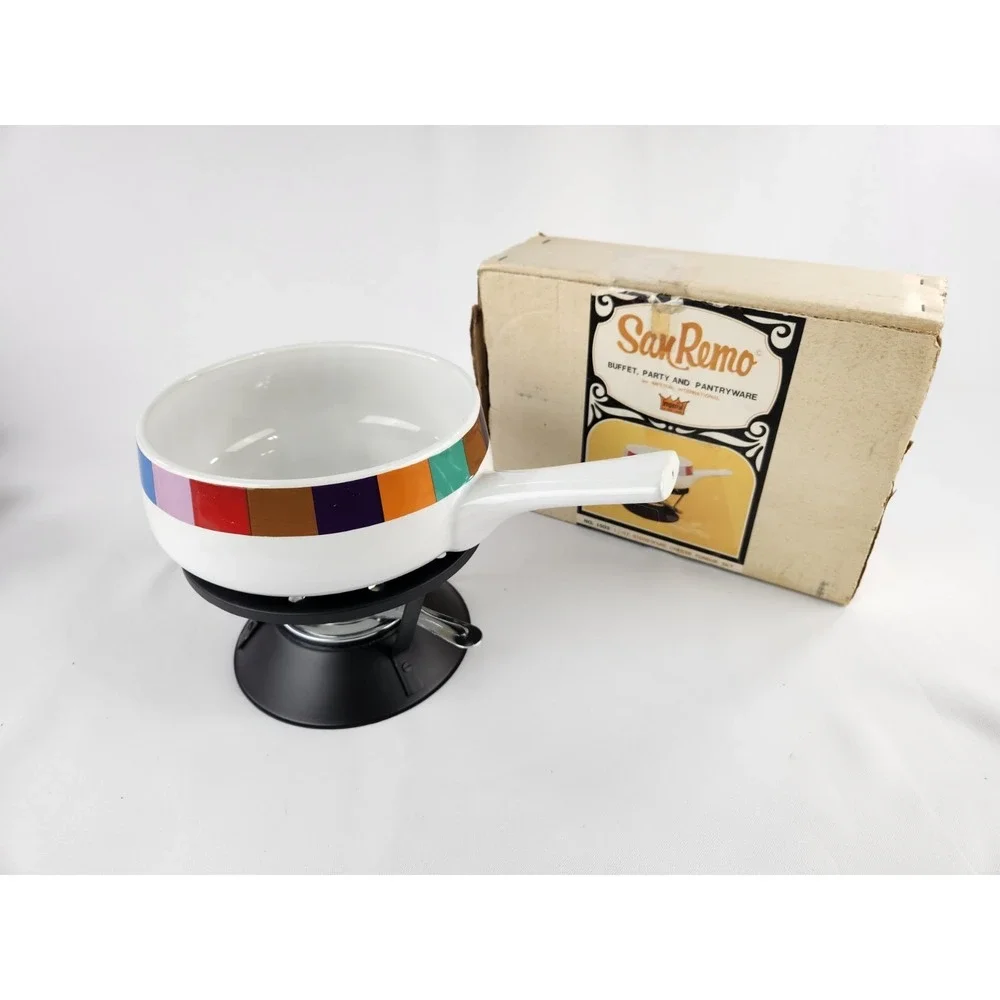 MCM Vintage Imperial San Remo Rainbow Enamel Party Cheese‎ Fondue 1.5 Qt Set Box